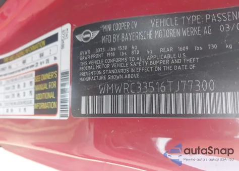 2006 Mini Cooper z USA, uszkodzony, nr VIN WMWRC33516TJ77300